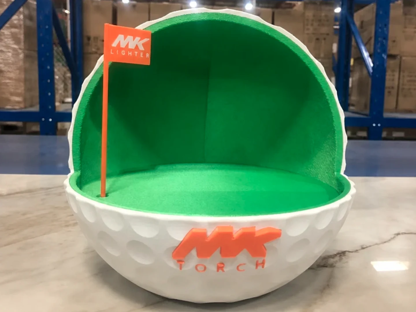 Custom green and white lighter display stand with orange branding