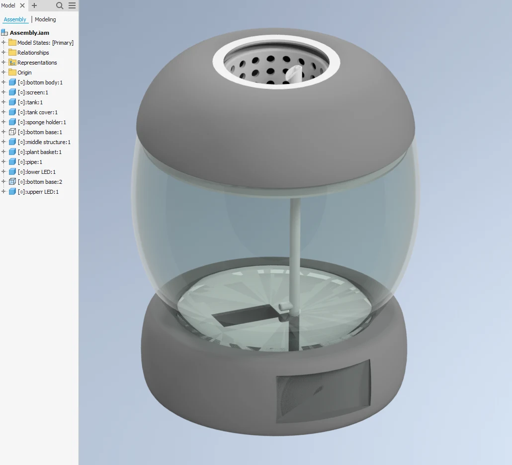CAD assembly model of the smart fish tank and internal components